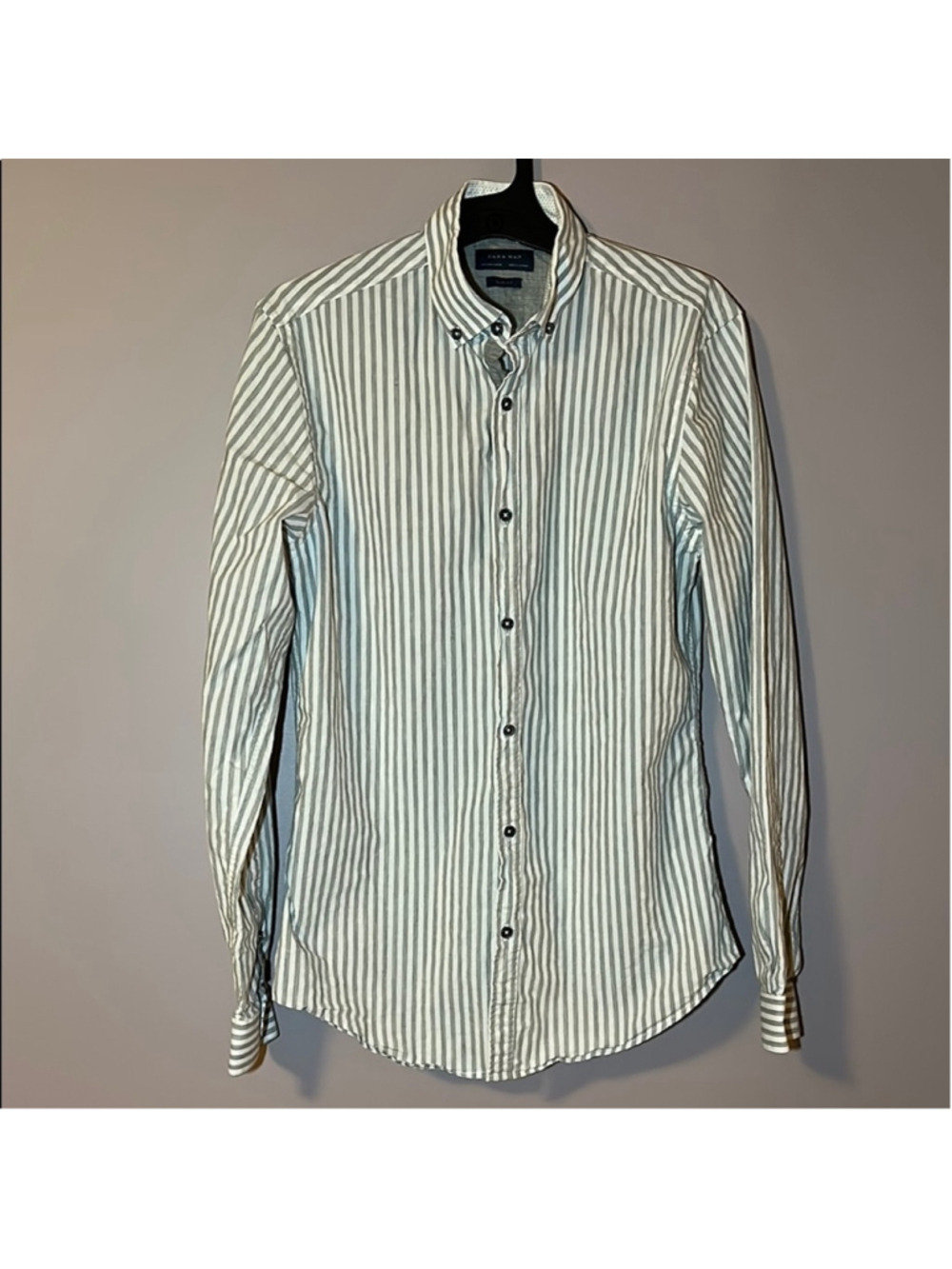 Zara Man Grey & White Striped Slim Fit Button Up Business Casual Shirt - S